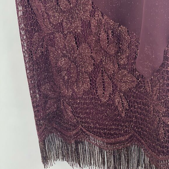 SLNY Burgundy Gold Lace Fringe Dress Attached Chiffon Cape NWOT Size 6 - Picture 6 of 9